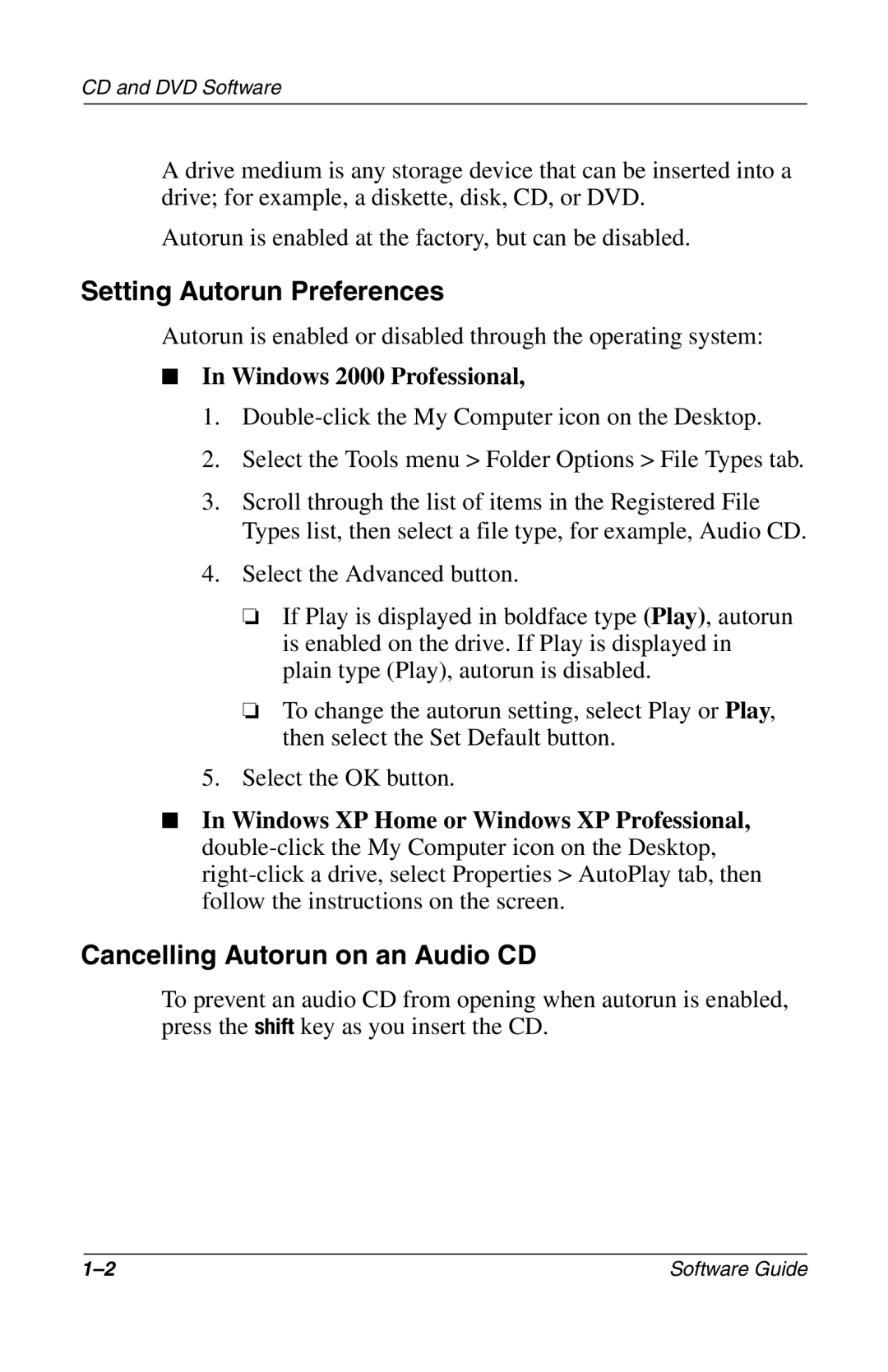 Compaq 285558-001 manual Setting Autorun Preferences, Cancelling Autorun on an Audio CD 