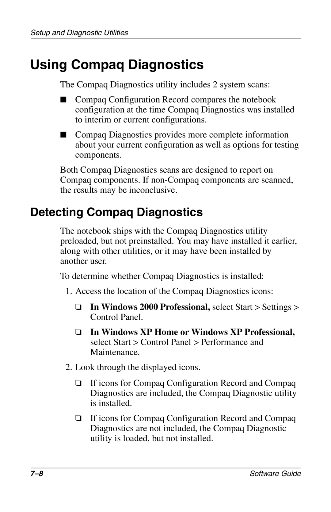 Compaq 285558-001 manual Using Compaq Diagnostics, Detecting Compaq Diagnostics 