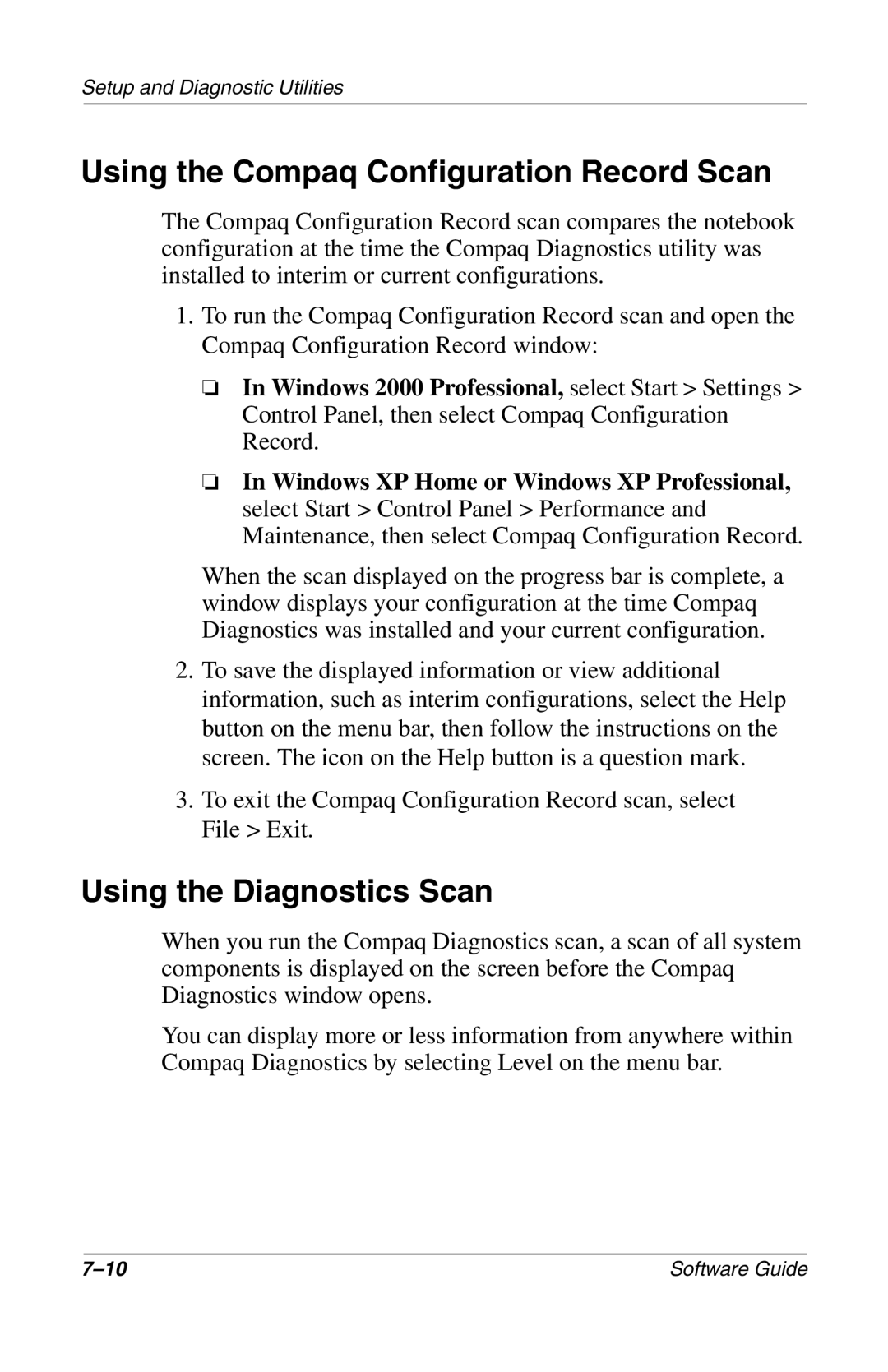 Compaq 285558-001 manual Using the Compaq Configuration Record Scan, Using the Diagnostics Scan 