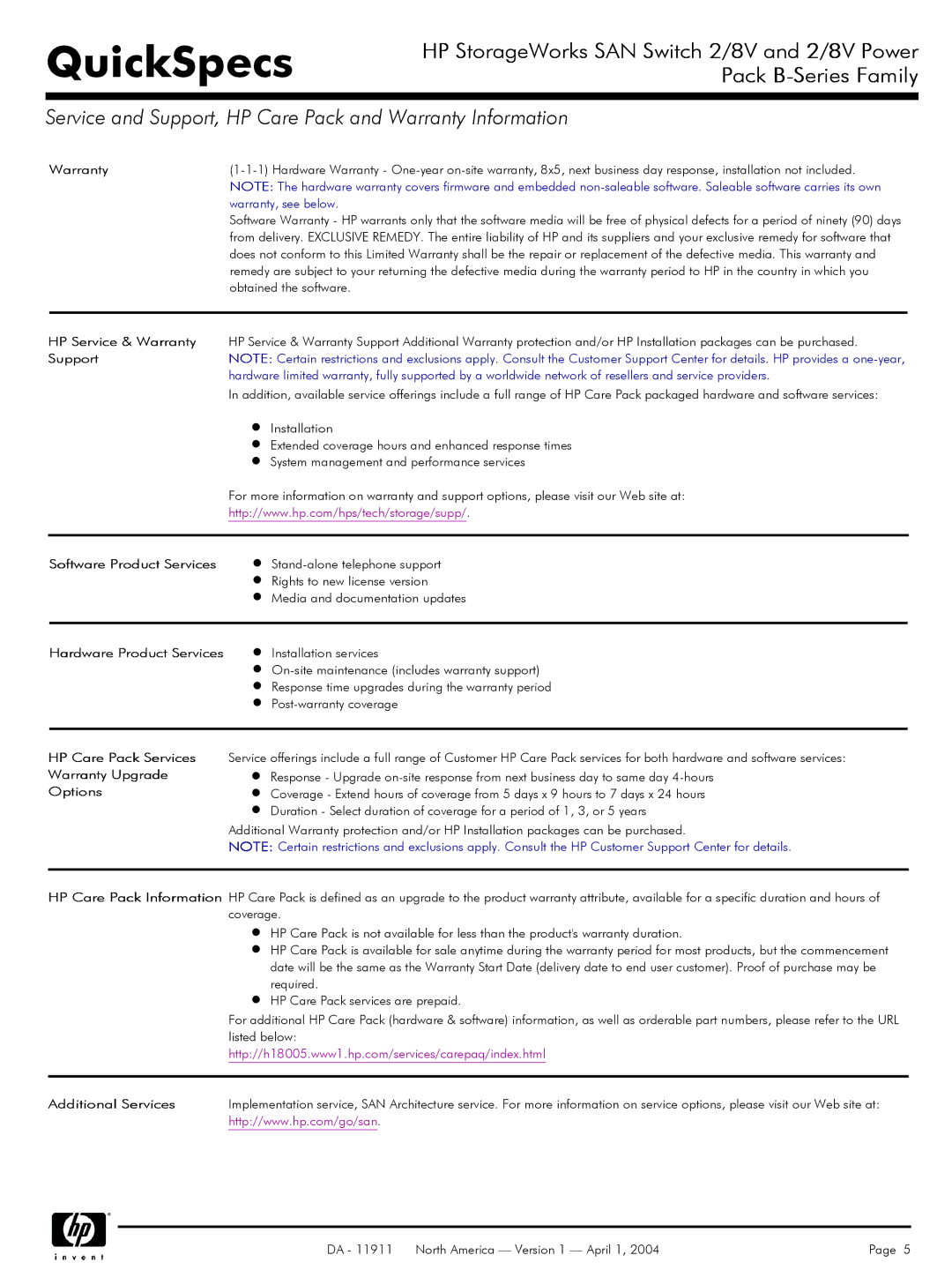 Compaq 2/8V manual Service and Support, HP Care Pack and Warranty Information 