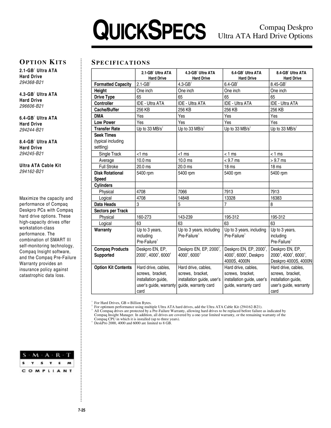 Compaq 294368-B21 warranty GB Ultra ATA, Hard Drive, GB1Ultra ATA, Ultra ATA Cable Kit, Low Power Transfer Rate Seek Times 