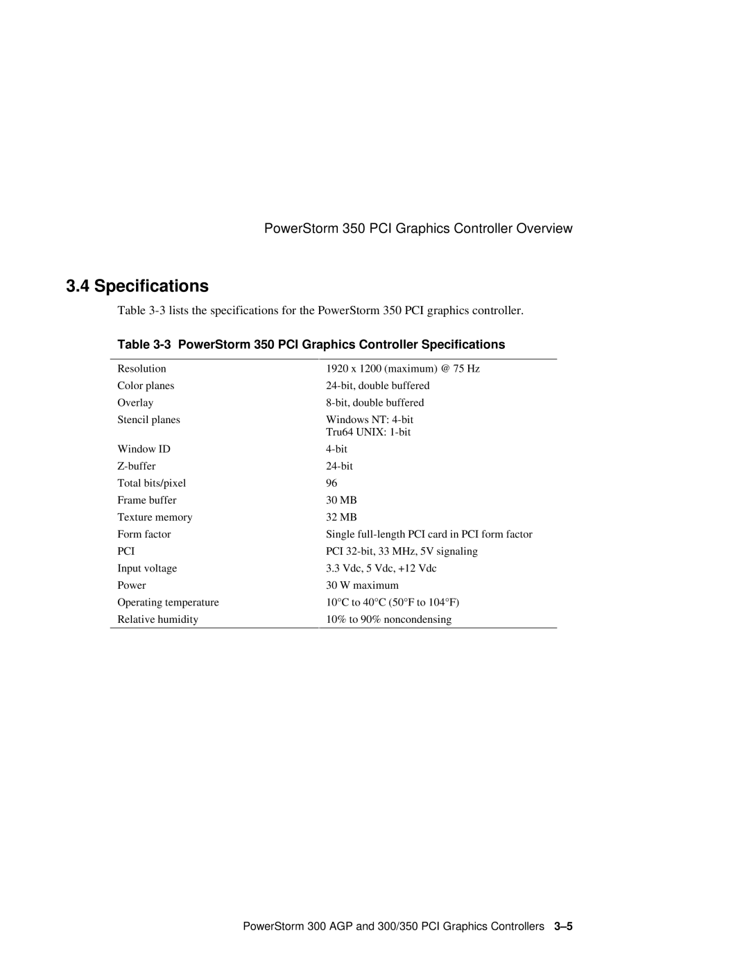 Compaq 300 manual PowerStorm 350 PCI Graphics Controller Specifications 