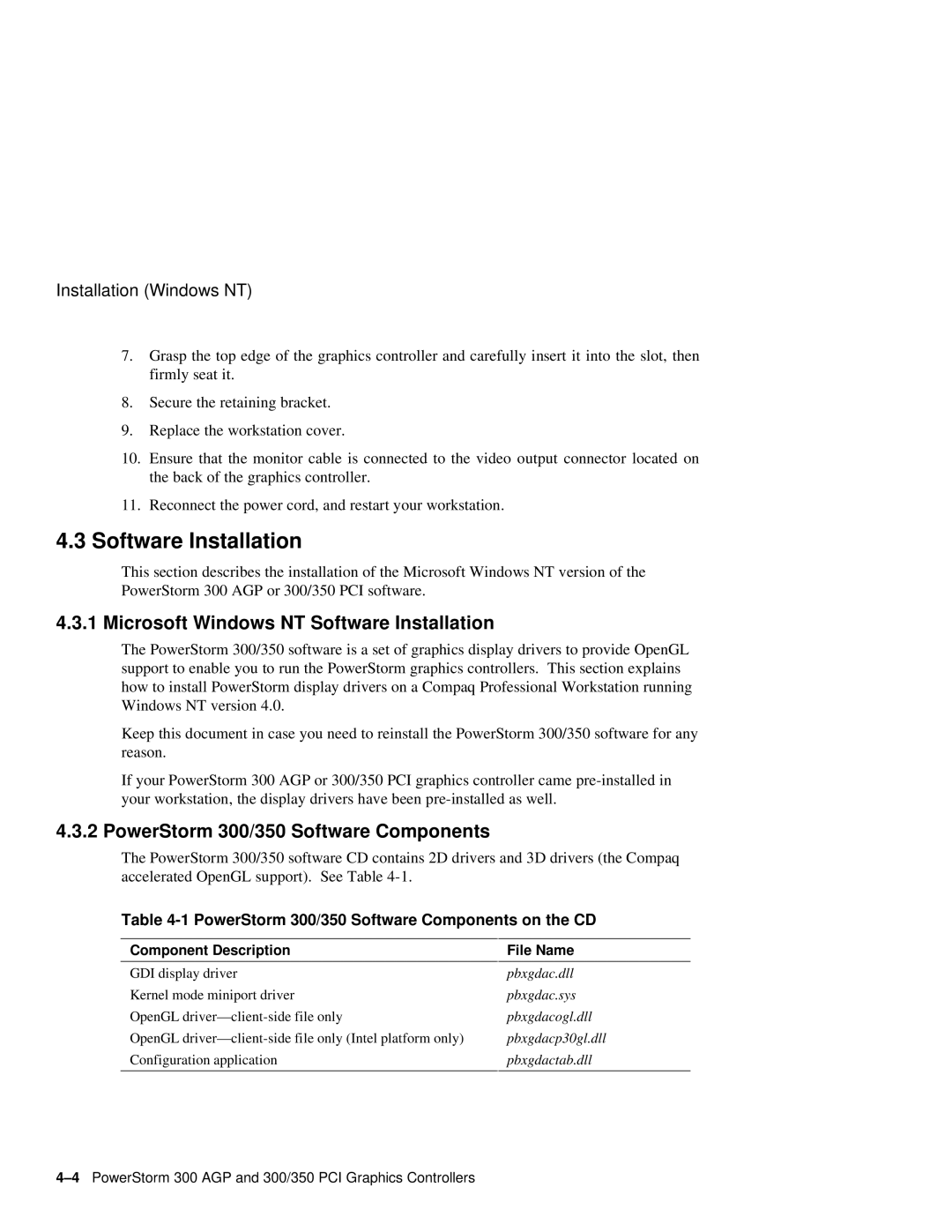 Compaq manual Microsoft Windows NT Software Installation, PowerStorm 300/350 Software Components 