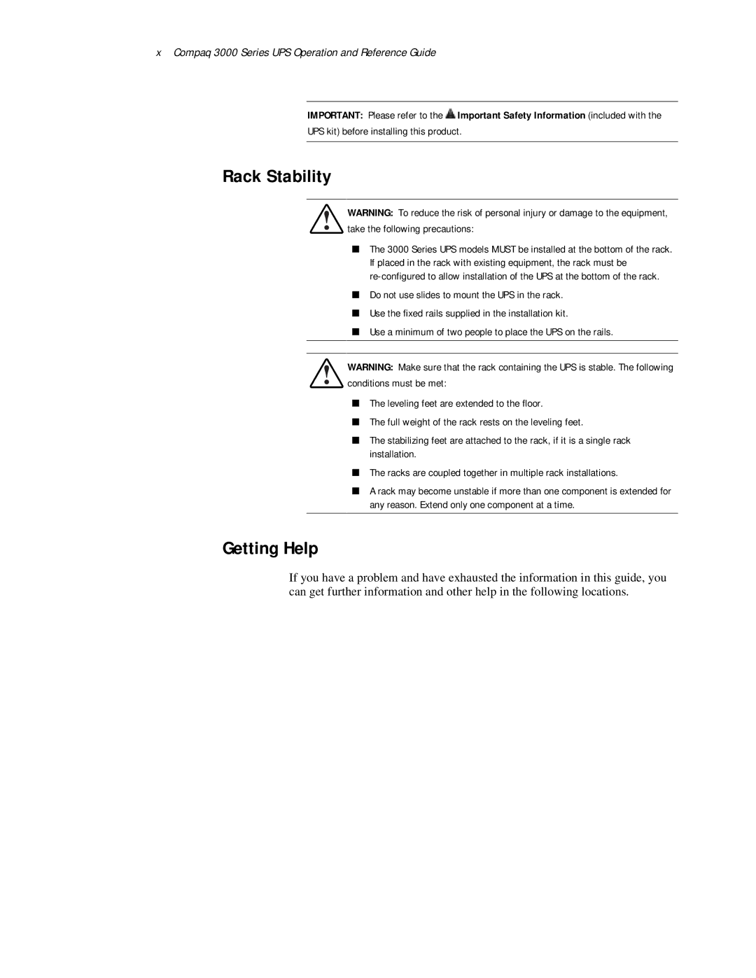 Compaq manual Rack Stability, Getting Help, Compaq 3000 Series UPS Operation and Reference Guide 