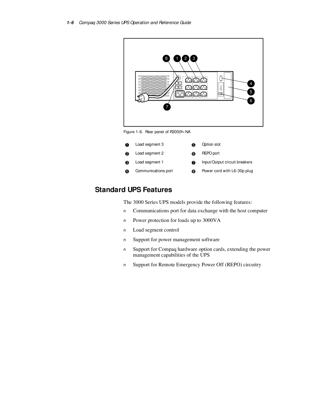 Compaq manual Standard UPS Features, 6Compaq 3000 Series UPS Operation and Reference Guide 