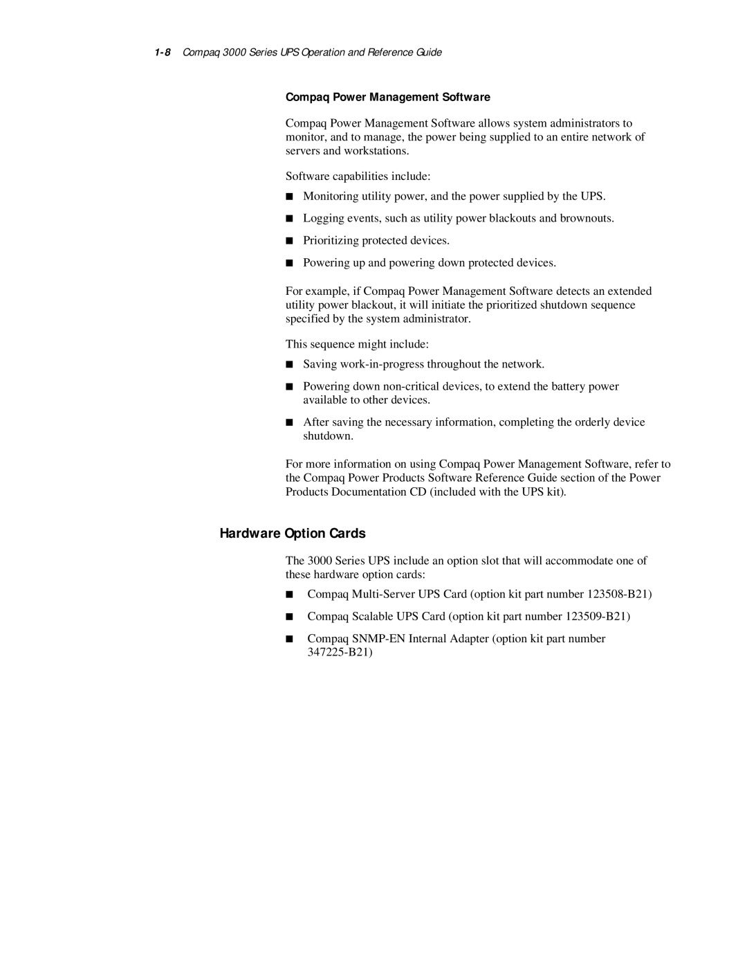 Compaq 3000 Series manual Hardware Option Cards, Compaq Power Management Software 