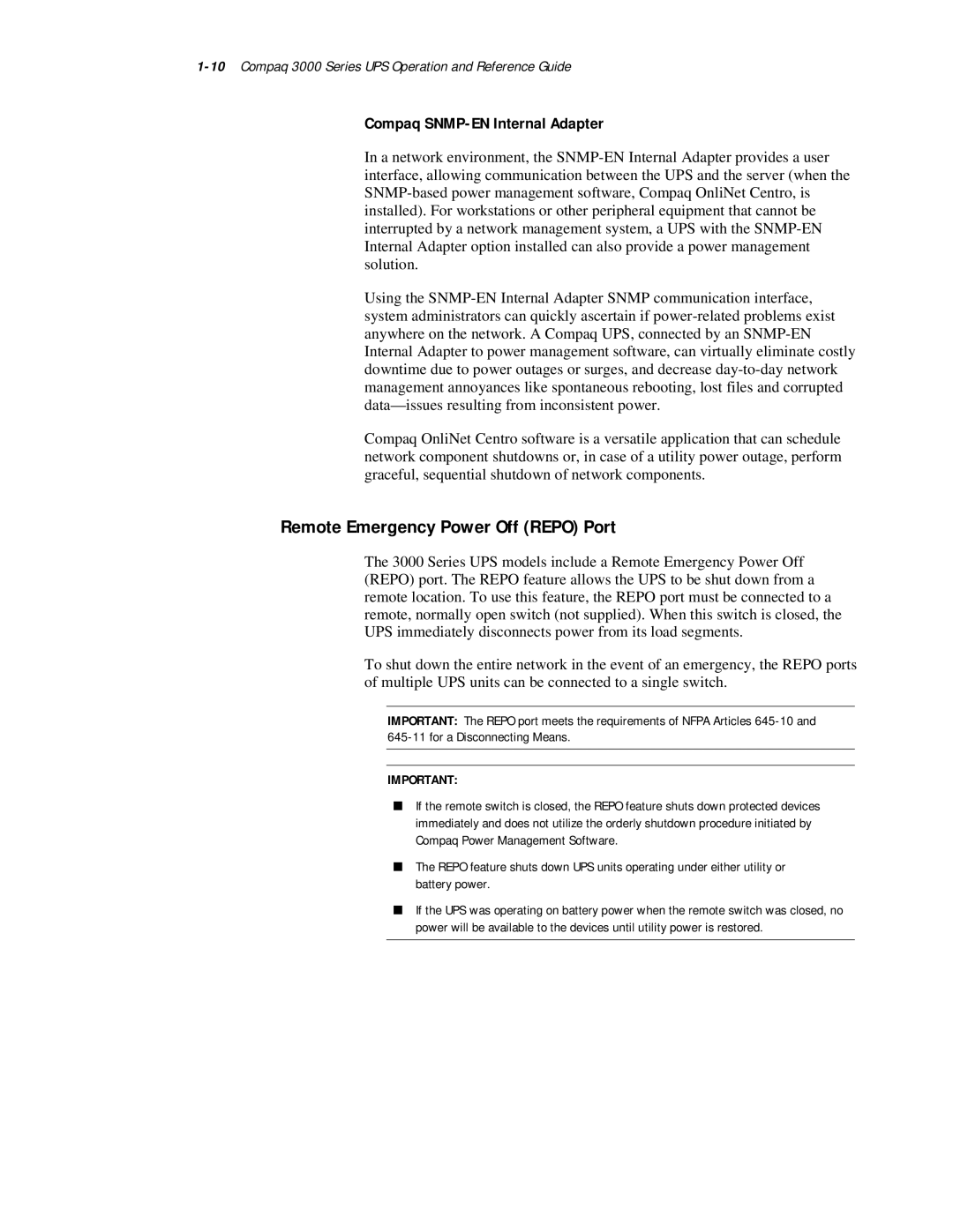 Compaq 3000 Series manual Remote Emergency Power Off Repo Port, Compaq SNMP-EN Internal Adapter 