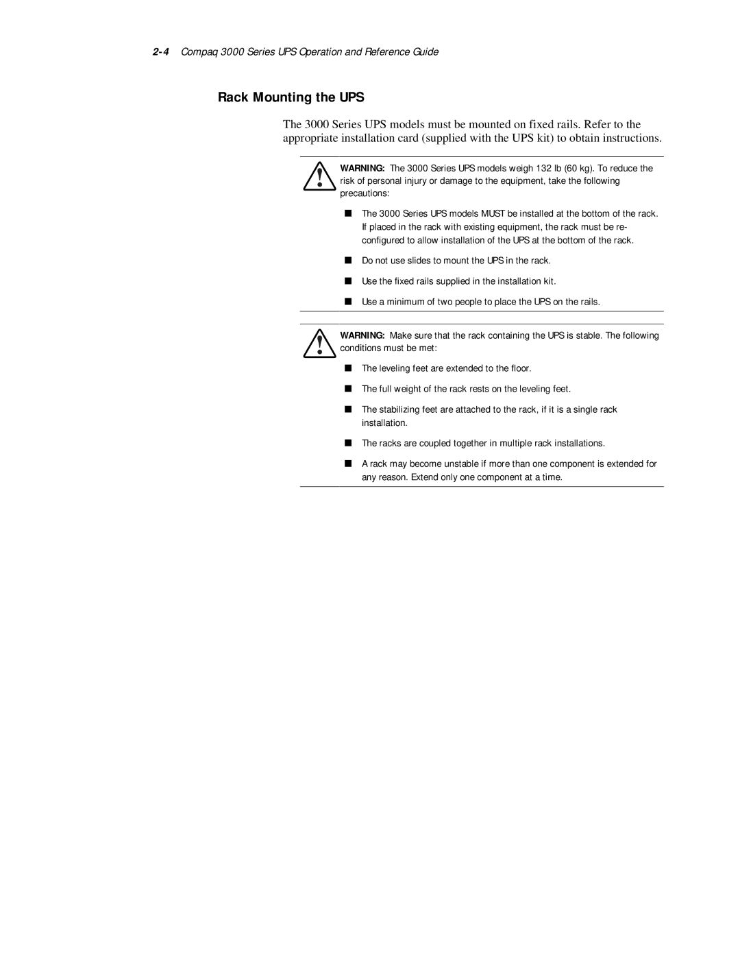 Compaq manual Rack Mounting the UPS, 4Compaq 3000 Series UPS Operation and Reference Guide 