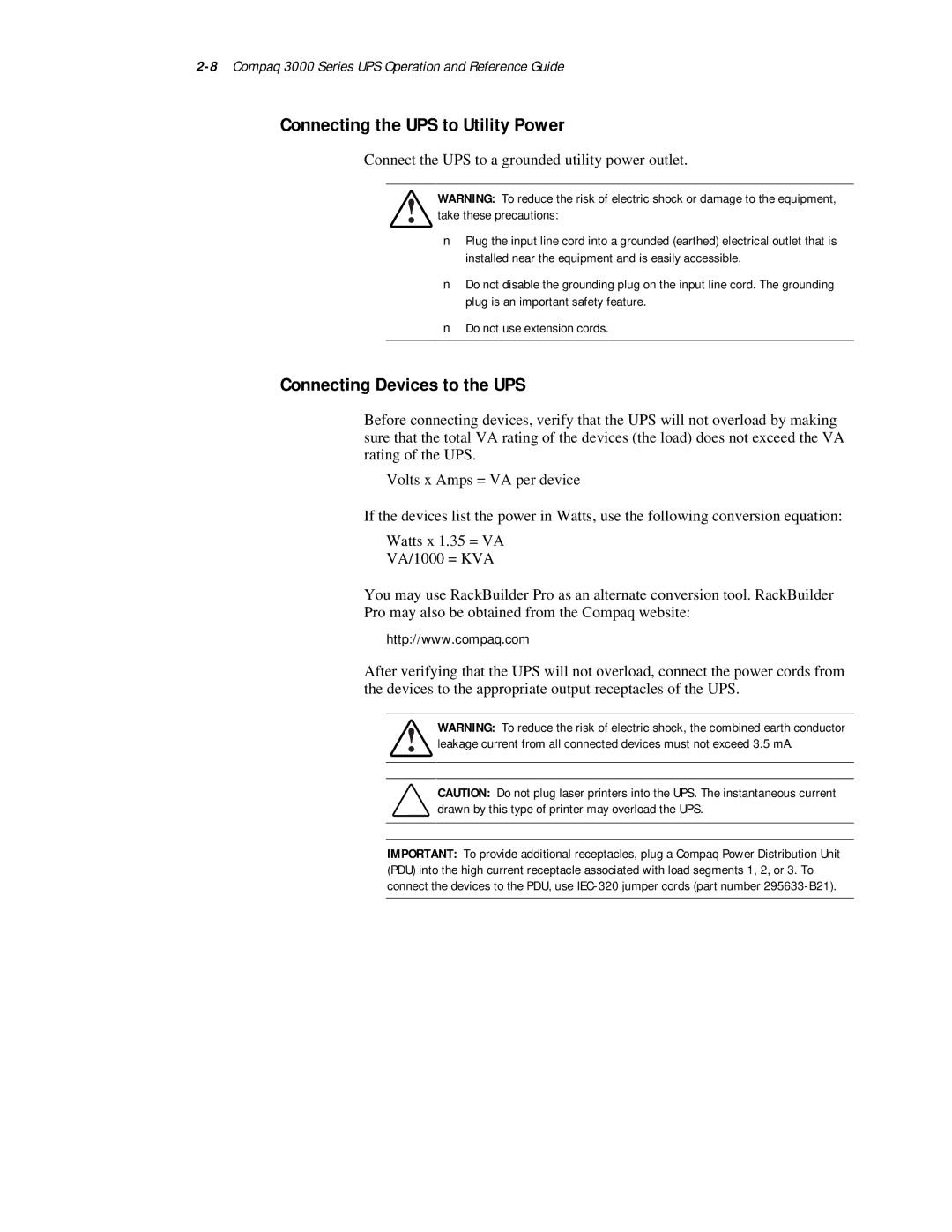 Compaq 3000 Series manual Connecting the UPS to Utility Power, Connecting Devices to the UPS 