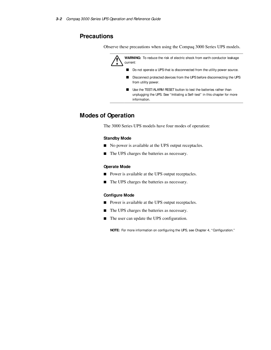 Compaq 3000 Series manual Modes of Operation, Standby Mode, Operate Mode, Configure Mode 