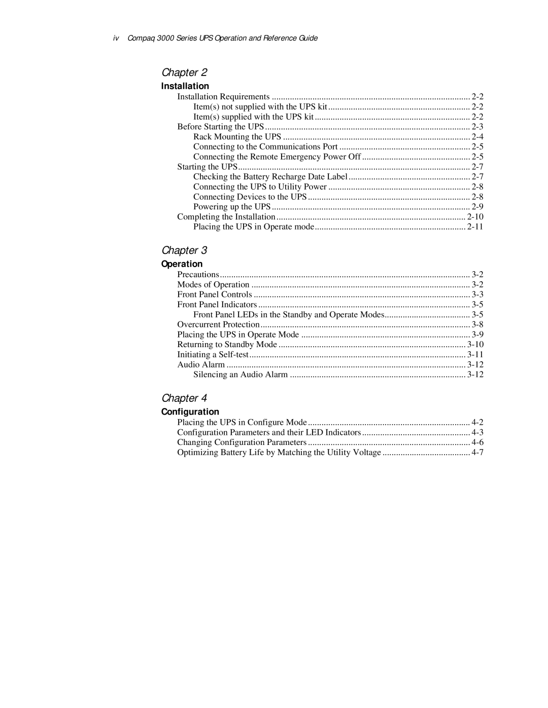 Compaq manual Installation, Iv Compaq 3000 Series UPS Operation and Reference Guide 