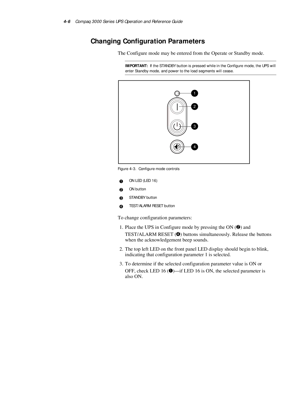 Compaq manual Changing Configuration Parameters, 6Compaq 3000 Series UPS Operation and Reference Guide 