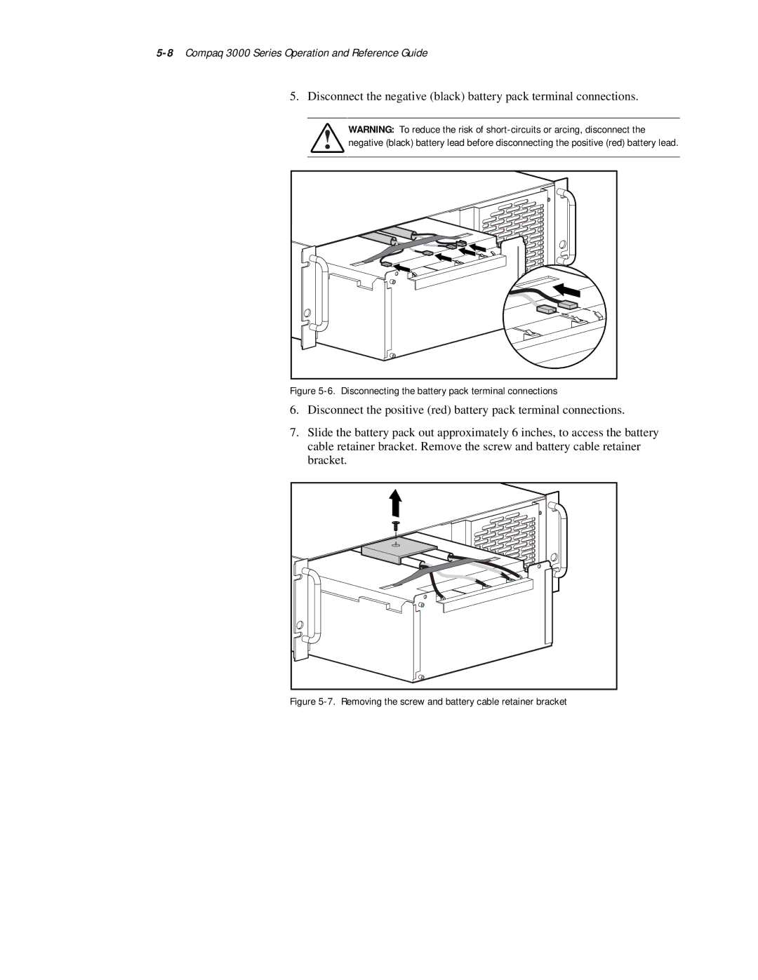 Compaq manual 8Compaq 3000 Series Operation and Reference Guide, Disconnecting the battery pack terminal connections 