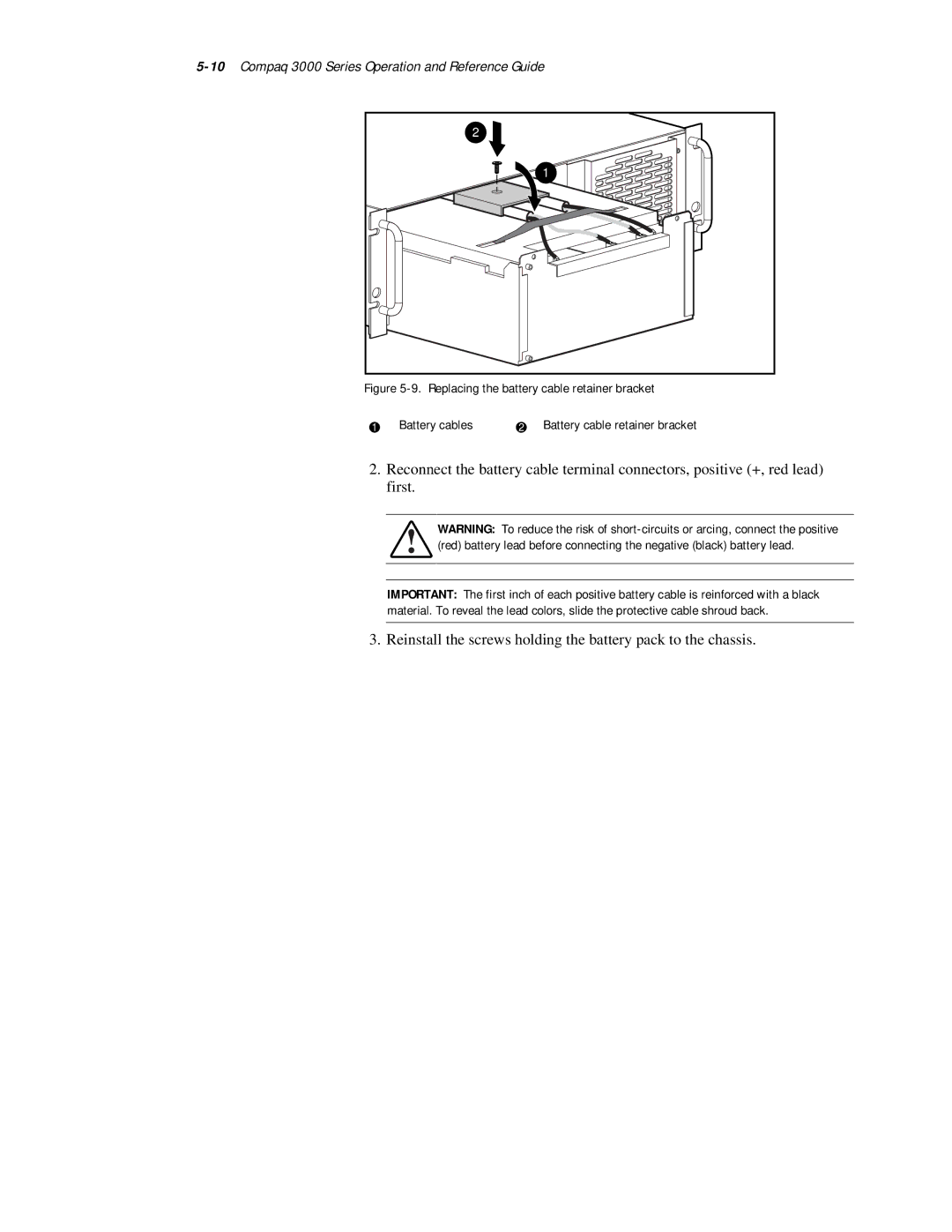 Compaq 10Compaq 3000 Series Operation and Reference Guide, Replacing the battery cable retainer bracket Battery cables 