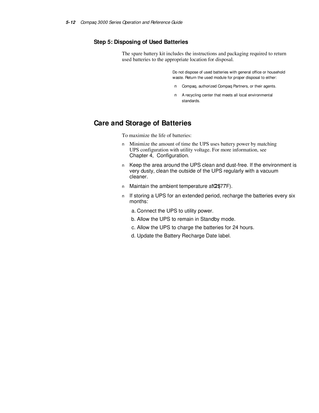 Compaq 3000 Series manual Care and Storage of Batteries, Disposing of Used Batteries 