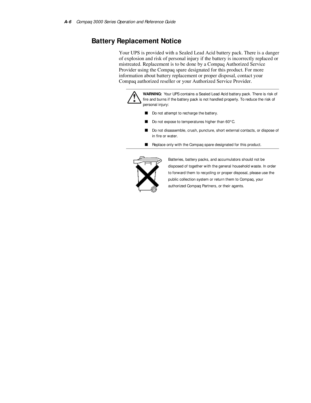 Compaq manual Battery Replacement Notice, 6Compaq 3000 Series Operation and Reference Guide 