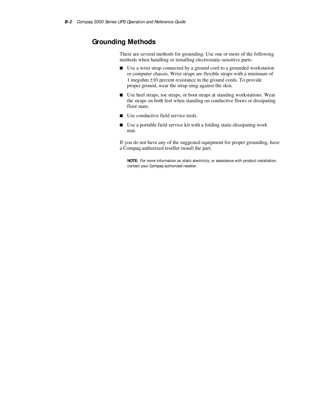 Compaq manual Grounding Methods, 2Compaq 3000 Series UPS Operation and Reference Guide 