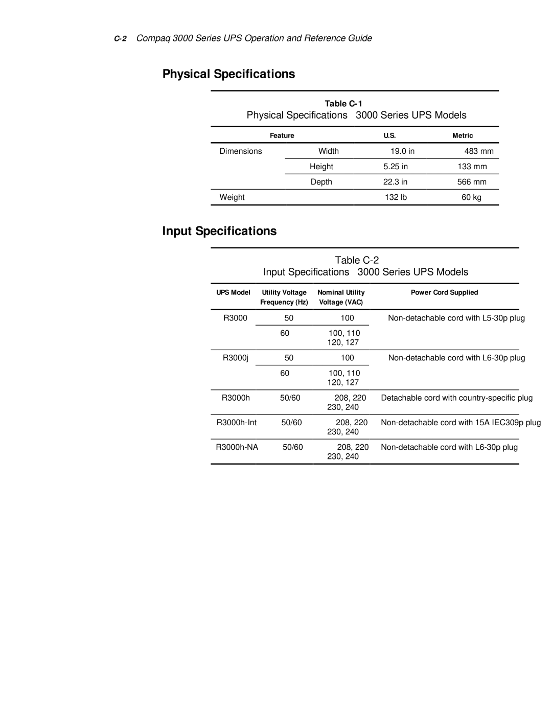 Compaq manual Input Specifications, Table C-1 Physical Specifications 3000 Series UPS Models 