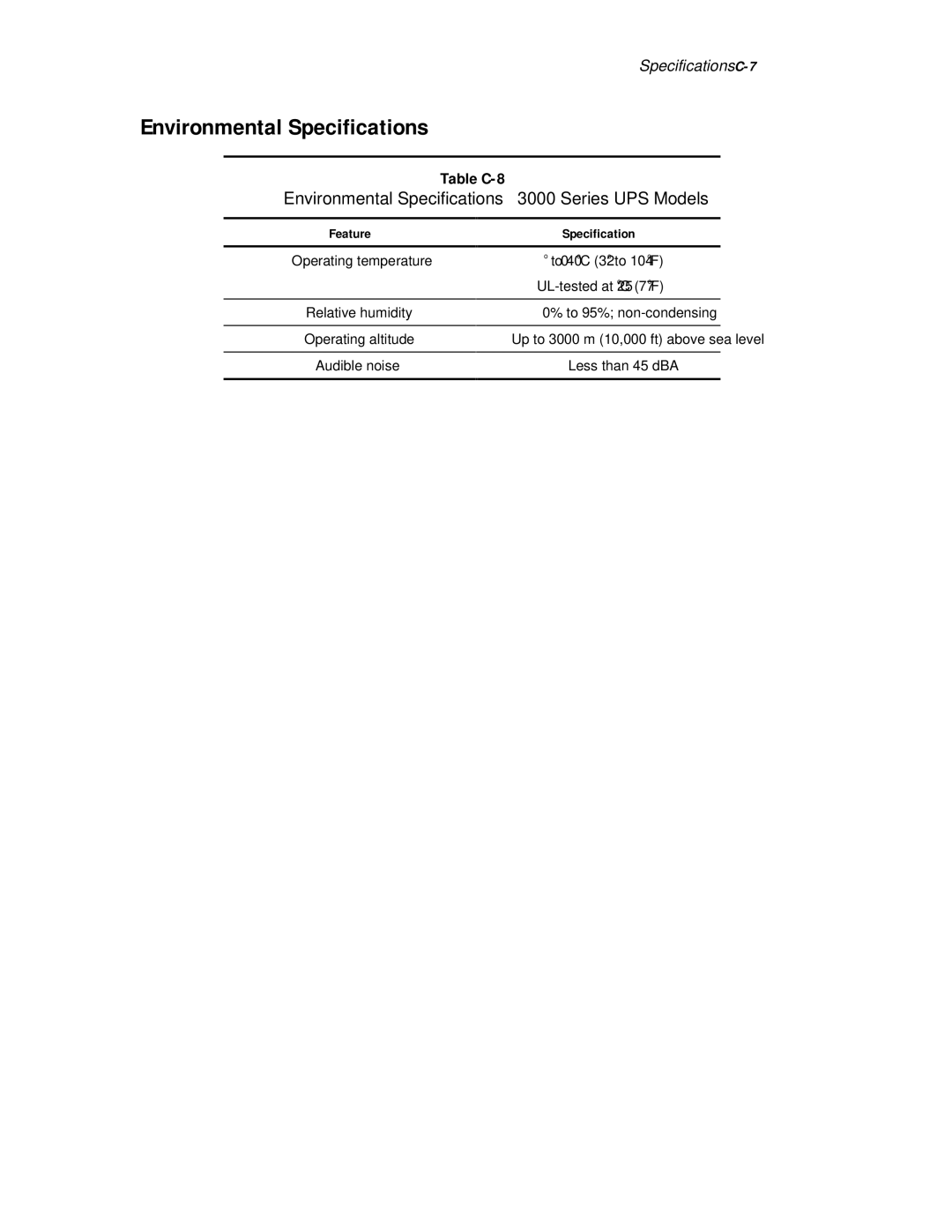 Compaq 3000 Series manual Environmental Specifications, Specifications C-7 