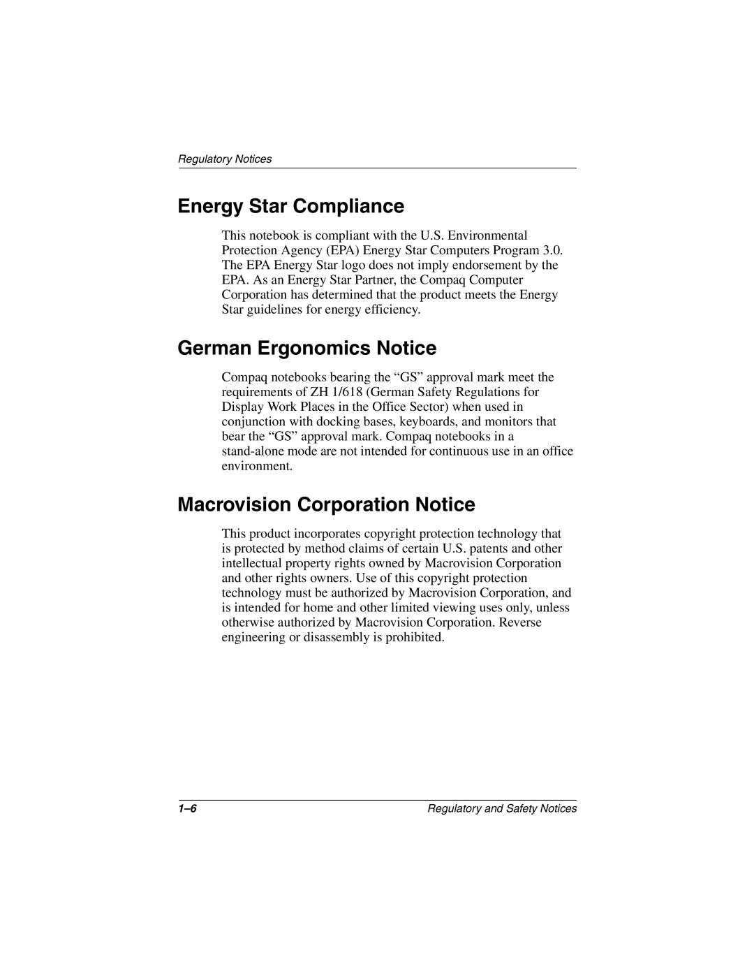 Compaq 3000 Series manual Energy Star Compliance, German Ergonomics Notice, Macrovision Corporation Notice 