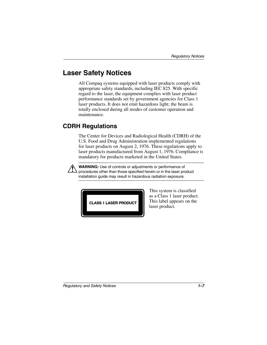 Compaq 3000 Series manual Laser Safety Notices, Cdrh Regulations 