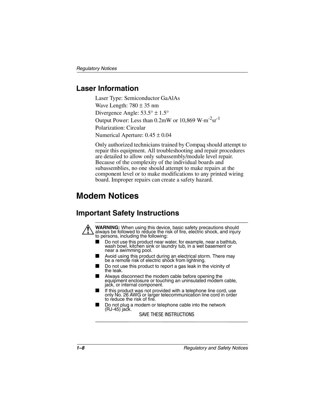 Compaq 3000 Series manual Modem Notices, Laser Information, Important Safety Instructions 