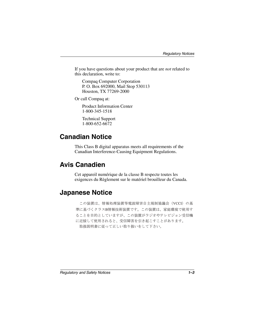 Compaq 3000 Series manual Canadian Notice, Avis Canadien, Japanese Notice 