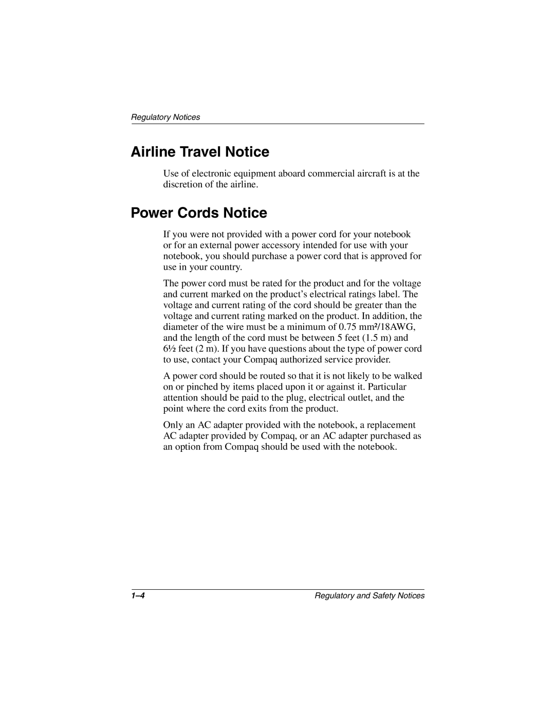 Compaq 3000 Series manual Airline Travel Notice, Power Cords Notice 