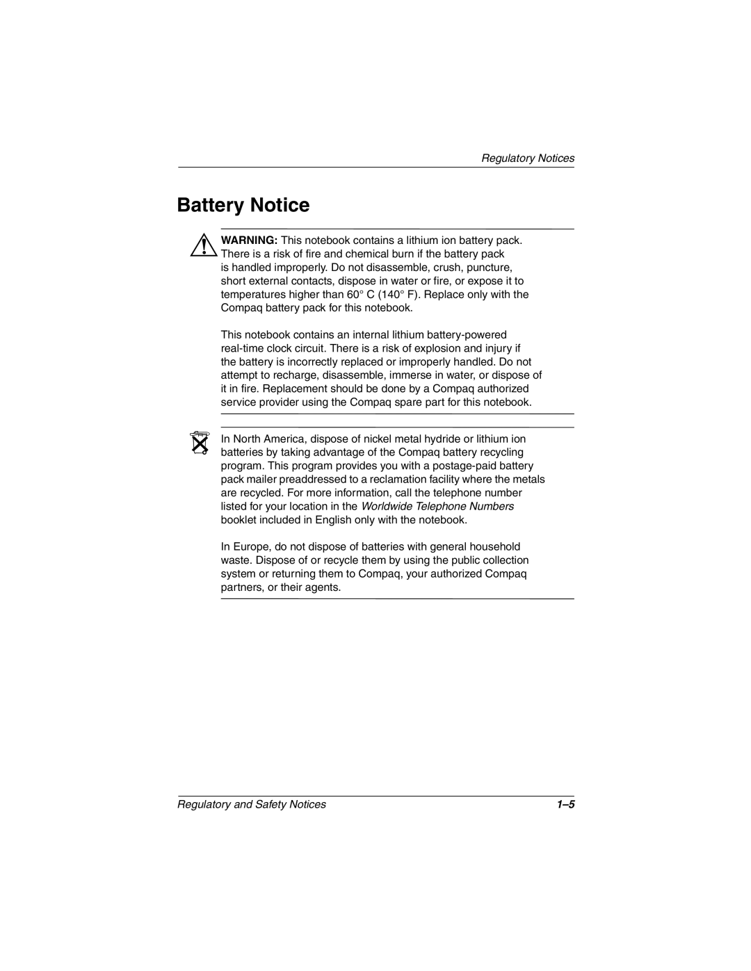 Compaq 3000 Series manual Battery Notice 