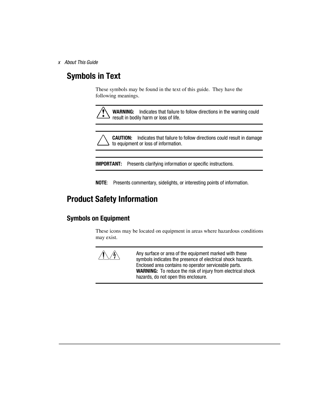 Compaq 3000 manual Symbols in Text, Product Safety Information, Symbols on Equipment, About This Guide 