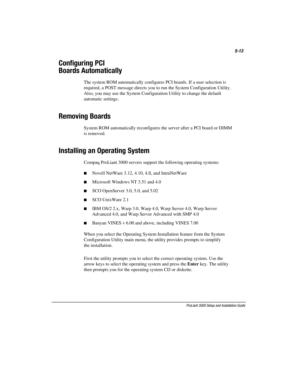 Compaq 3000 manual Configuring PCI Boards Automatically, Removing Boards, Installing an Operating System 