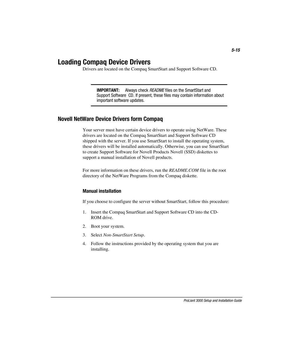 Compaq 3000 manual Loading Compaq Device Drivers, Novell NetWare Device Drivers form Compaq, Manual installation 