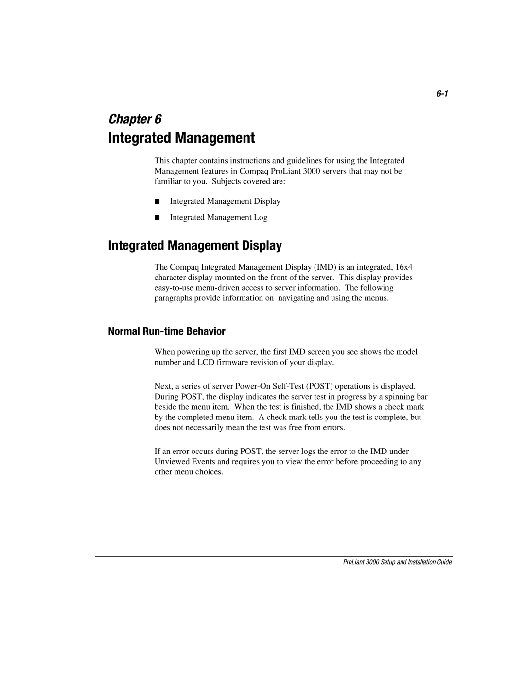 Compaq 3000 manual Integrated Management Display, Normal Run-time Behavior 