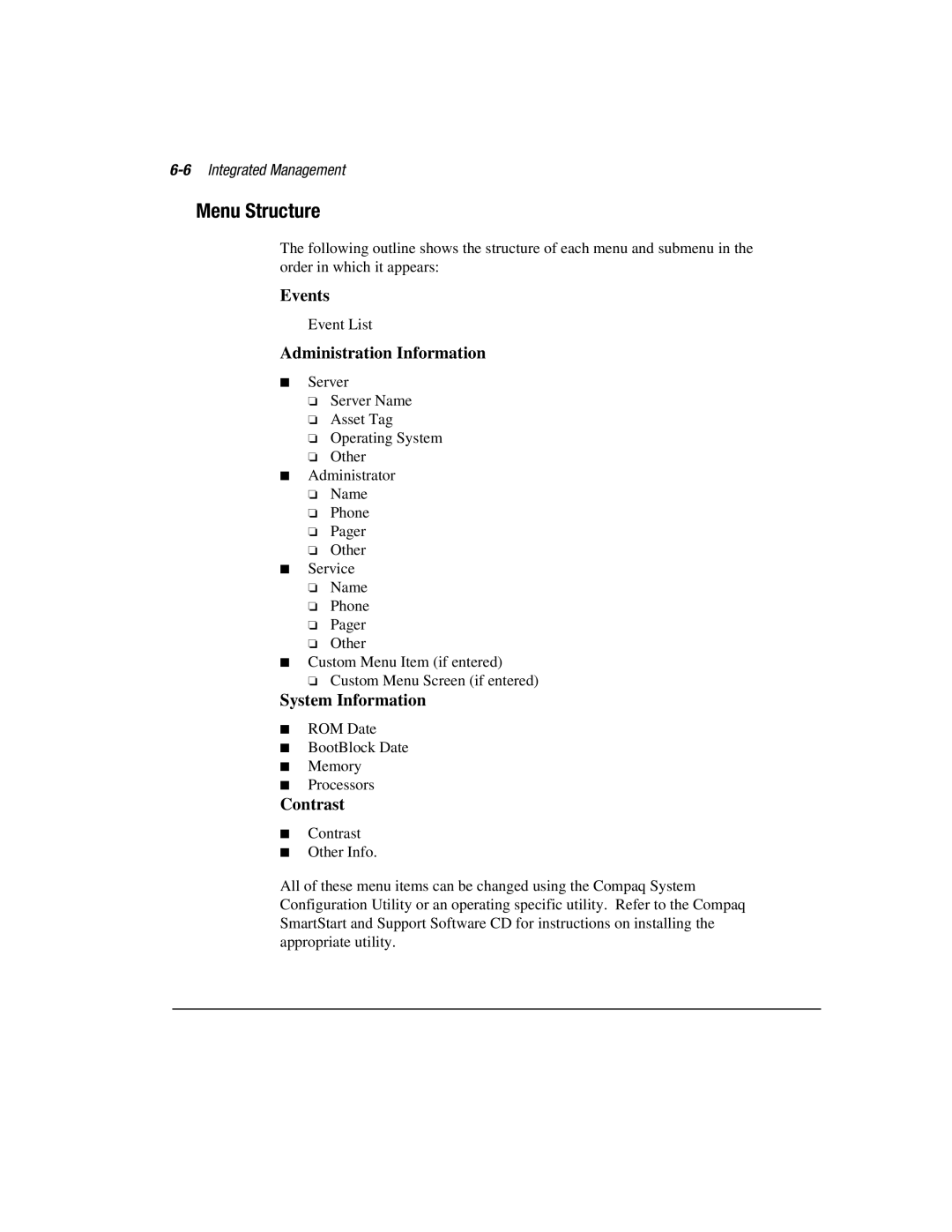 Compaq 3000 manual Menu Structure, 6Integrated Management 