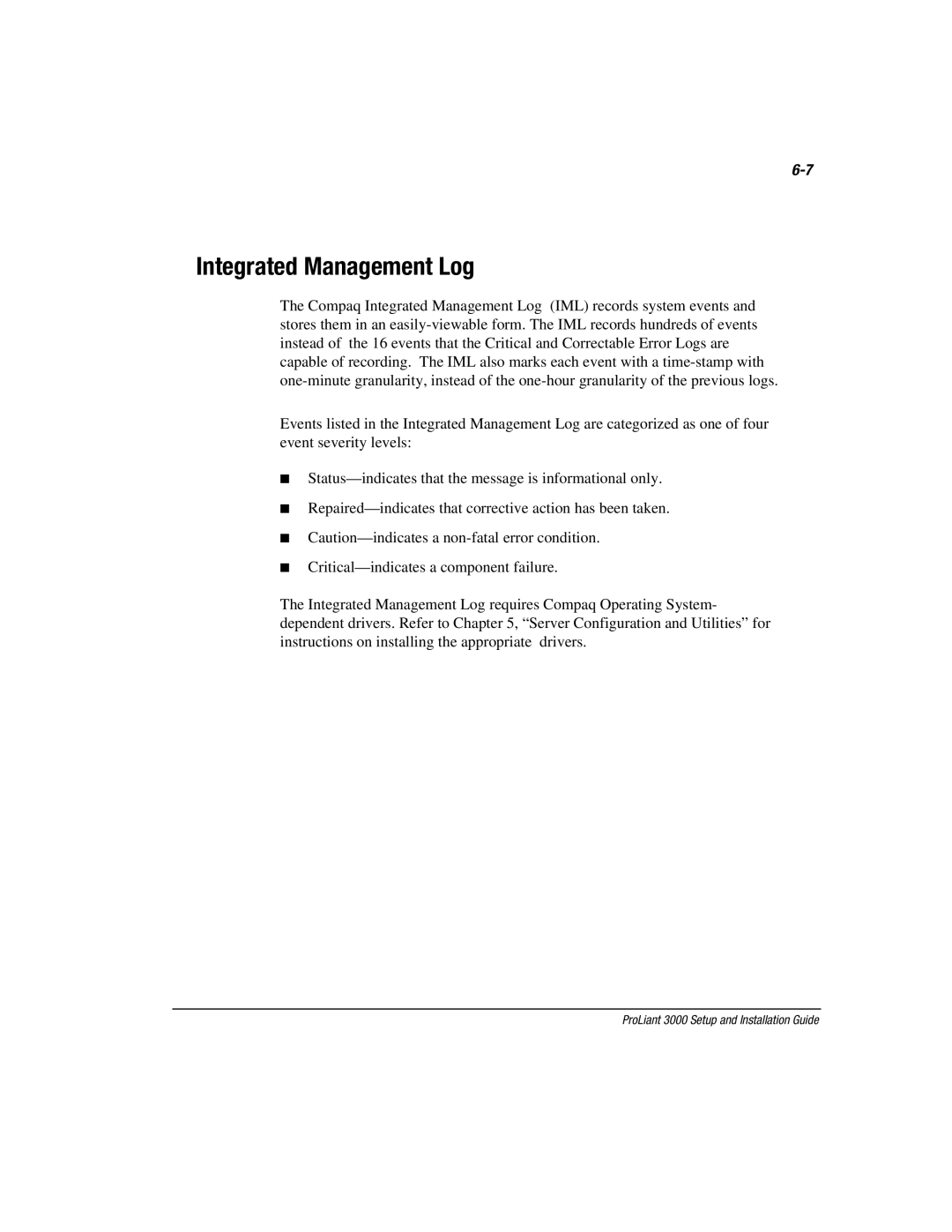 Compaq 3000 manual Integrated Management Log 