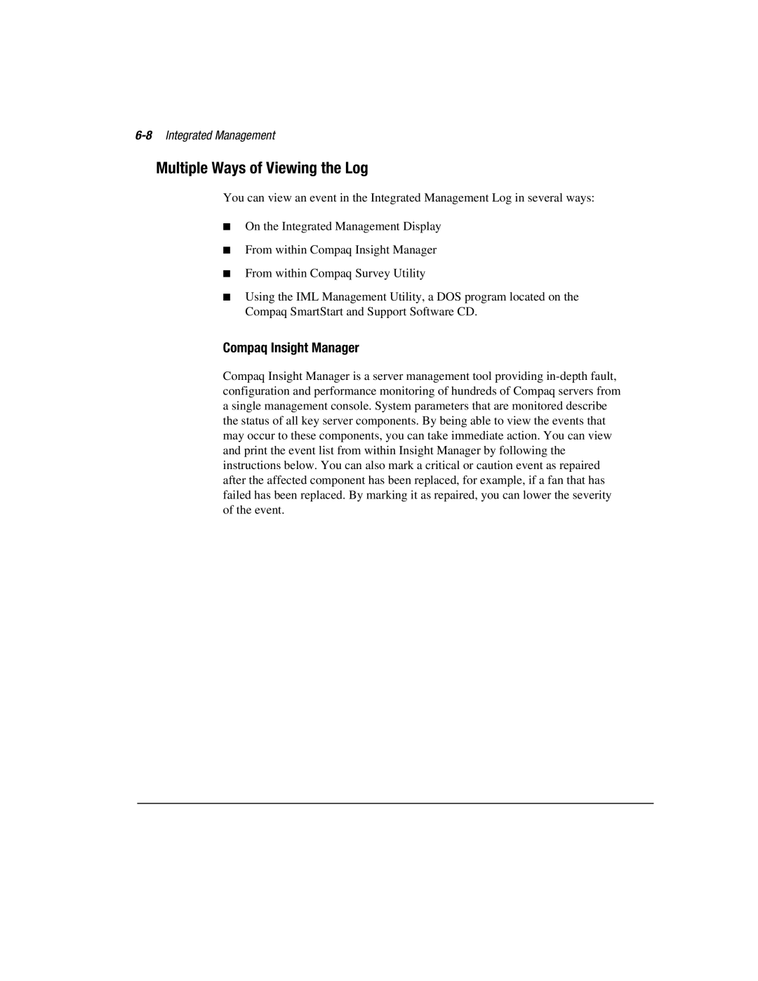 Compaq 3000 manual Multiple Ways of Viewing the Log, Compaq Insight Manager, 8Integrated Management 