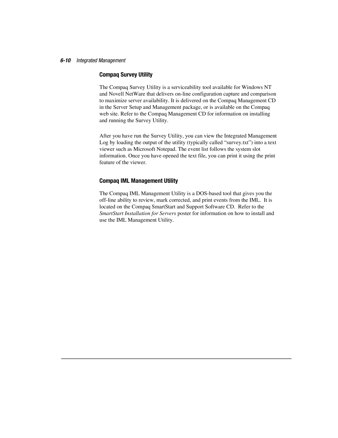 Compaq 3000 manual Compaq Survey Utility, Compaq IML Management Utility, 10Integrated Management 