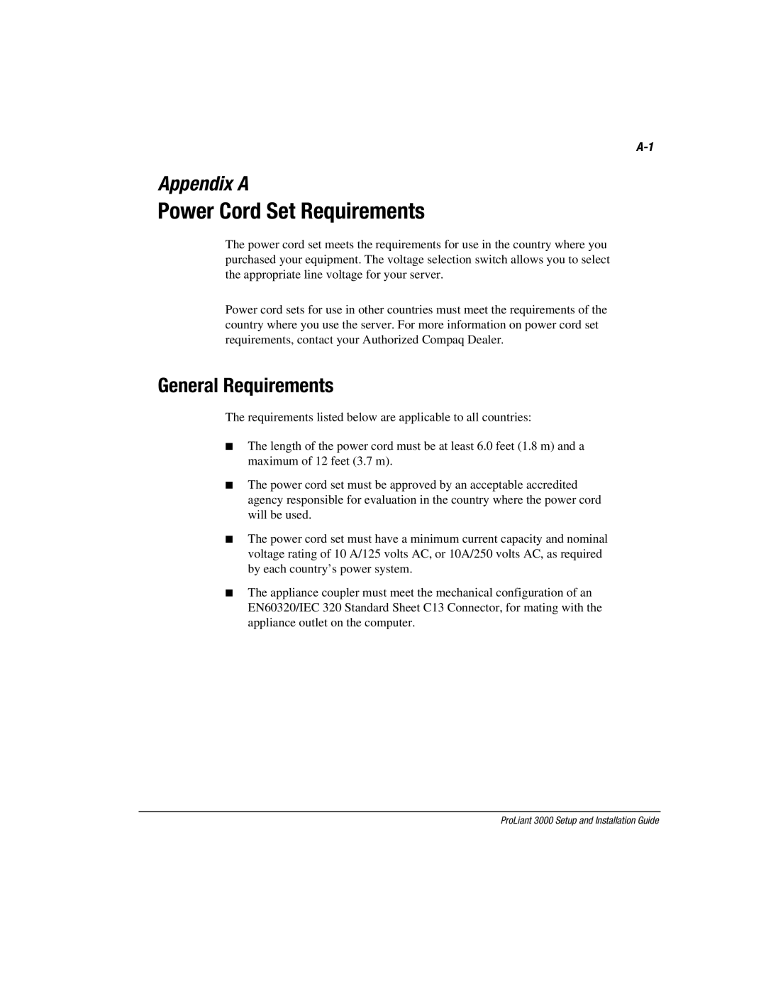 Compaq 3000 manual Power Cord Set Requirements, General Requirements 