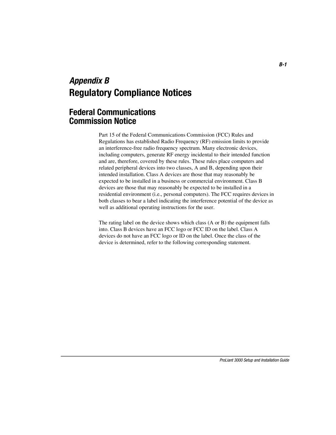 Compaq 3000 manual Regulatory Compliance Notices, Federal Communications Commission Notice 