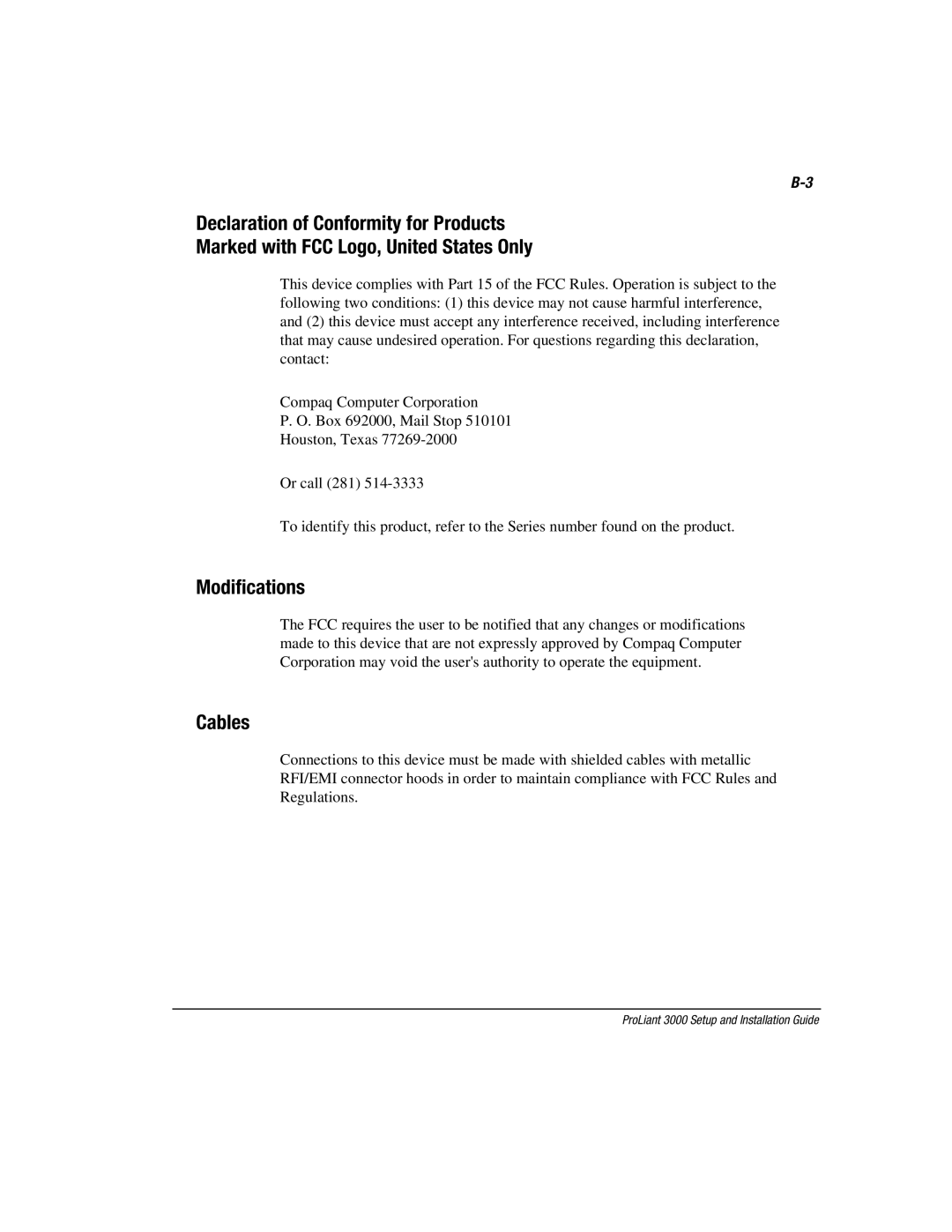 Compaq 3000 manual Modifications, Cables 