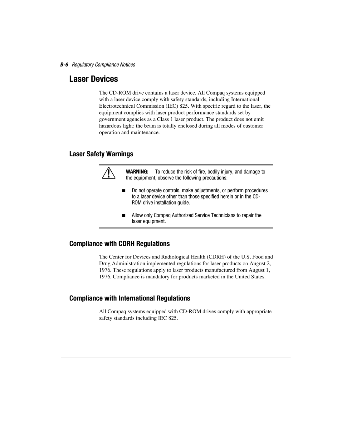 Compaq 3000 manual Laser Devices, Laser Safety Warnings, Compliance with Cdrh Regulations, 6Regulatory Compliance Notices 