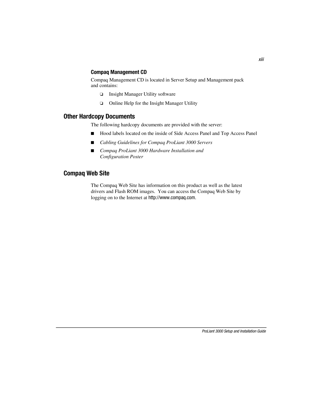 Compaq 3000 manual Other Hardcopy Documents, Compaq Web Site, Compaq Management CD, Xiii 