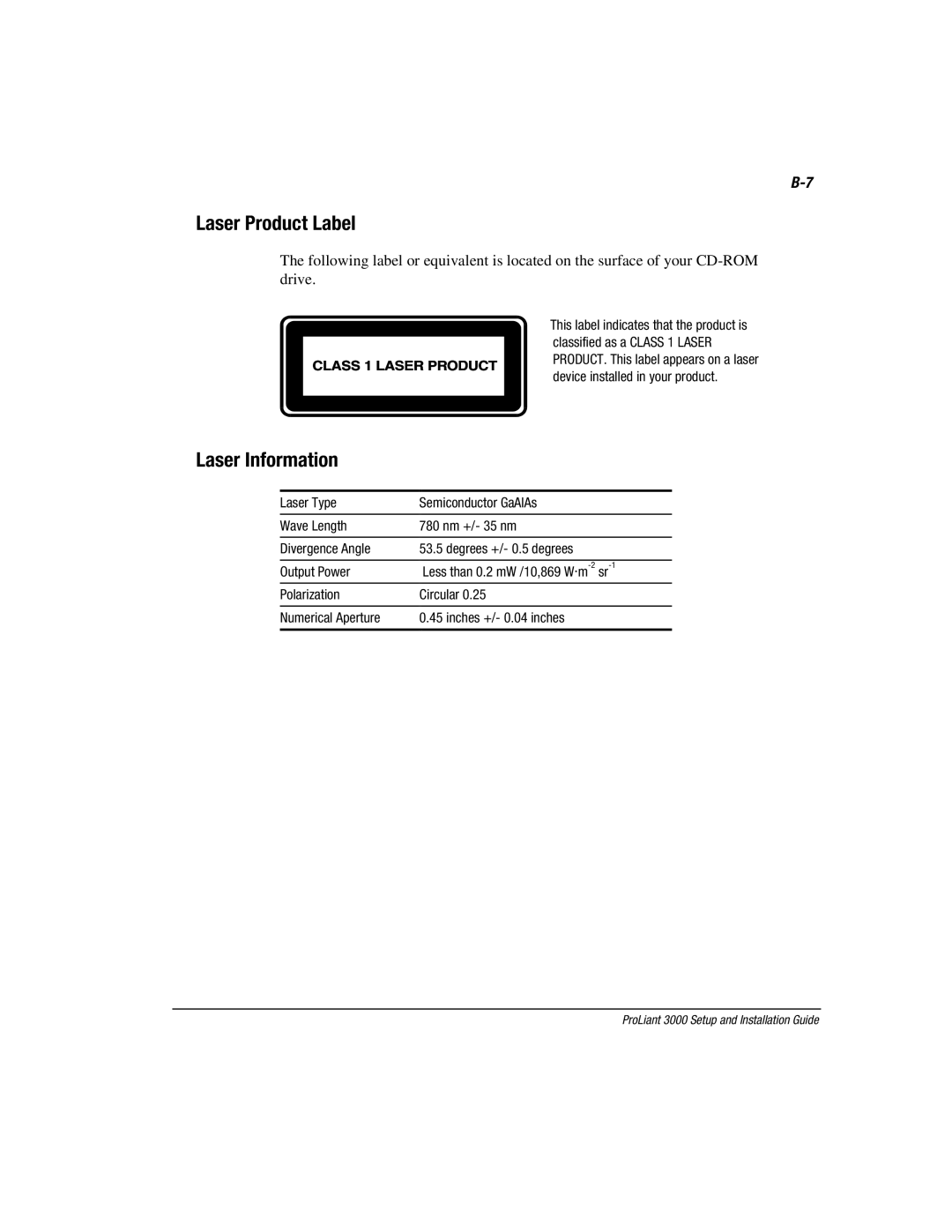 Compaq 3000 manual Laser Product Label, Laser Information 