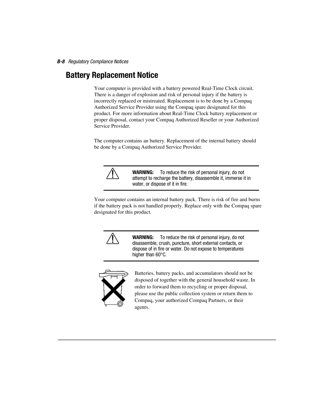 Compaq 3000 manual Battery Replacement Notice, 8Regulatory Compliance Notices 