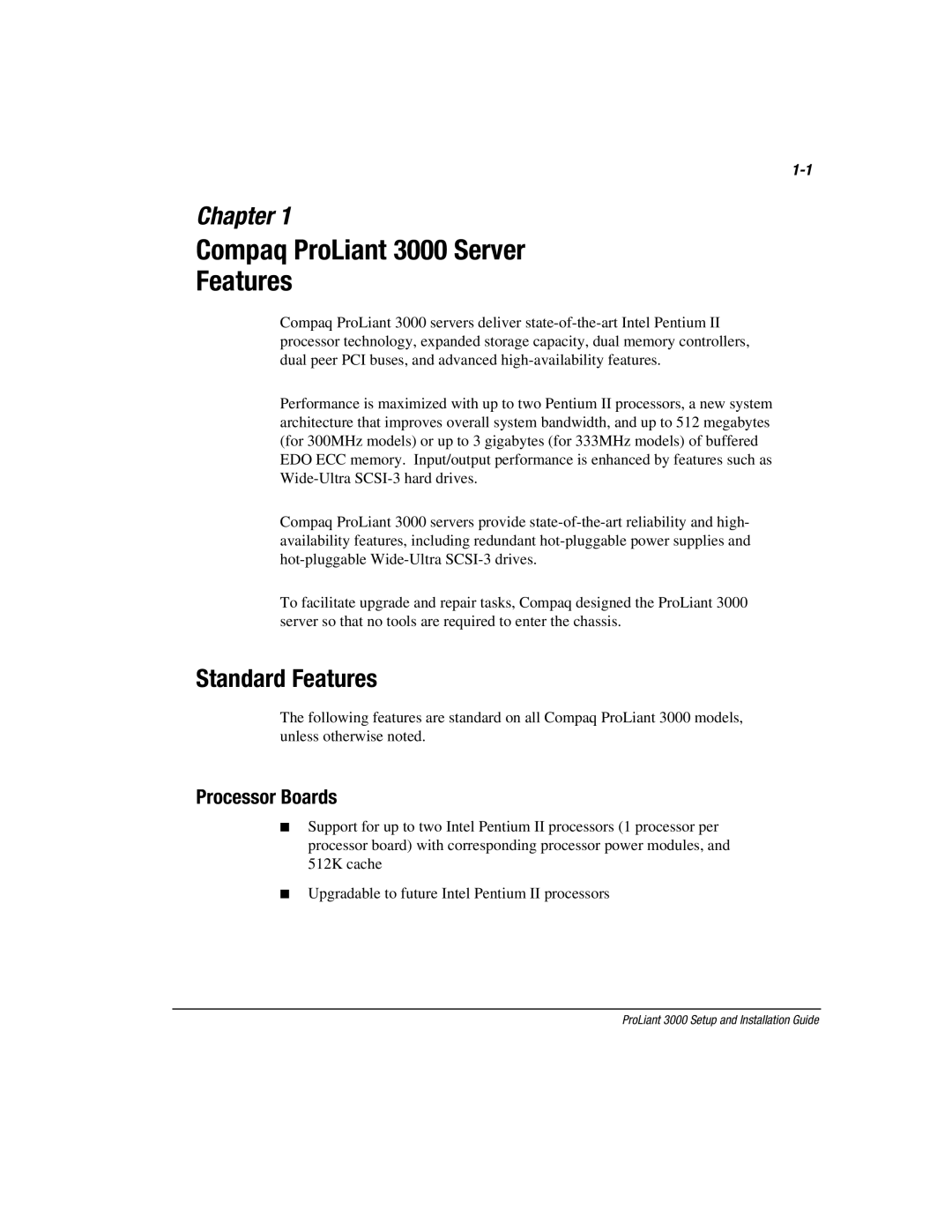 Compaq manual Compaq ProLiant 3000 Server Features, Standard Features, Processor Boards 