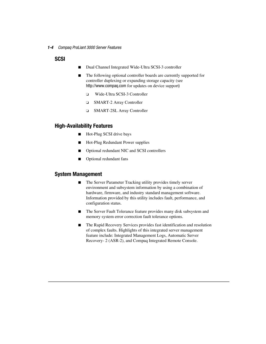 Compaq manual High-Availability Features, System Management, 4Compaq ProLiant 3000 Server Features 