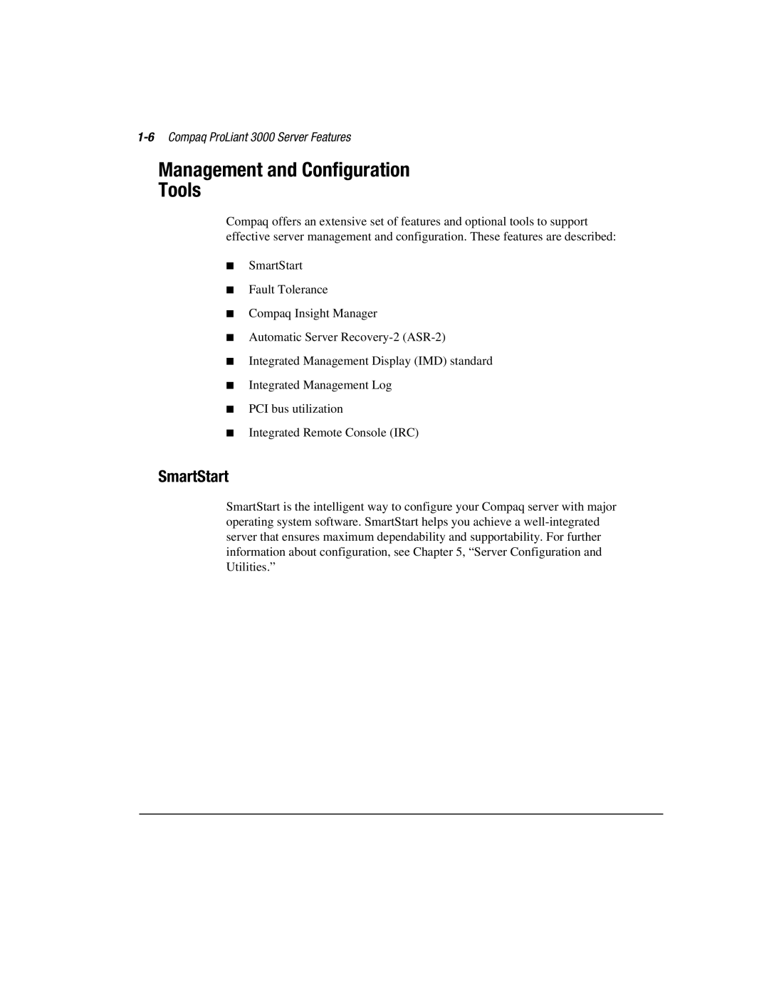 Compaq manual Management and Configuration Tools, SmartStart, 6Compaq ProLiant 3000 Server Features 