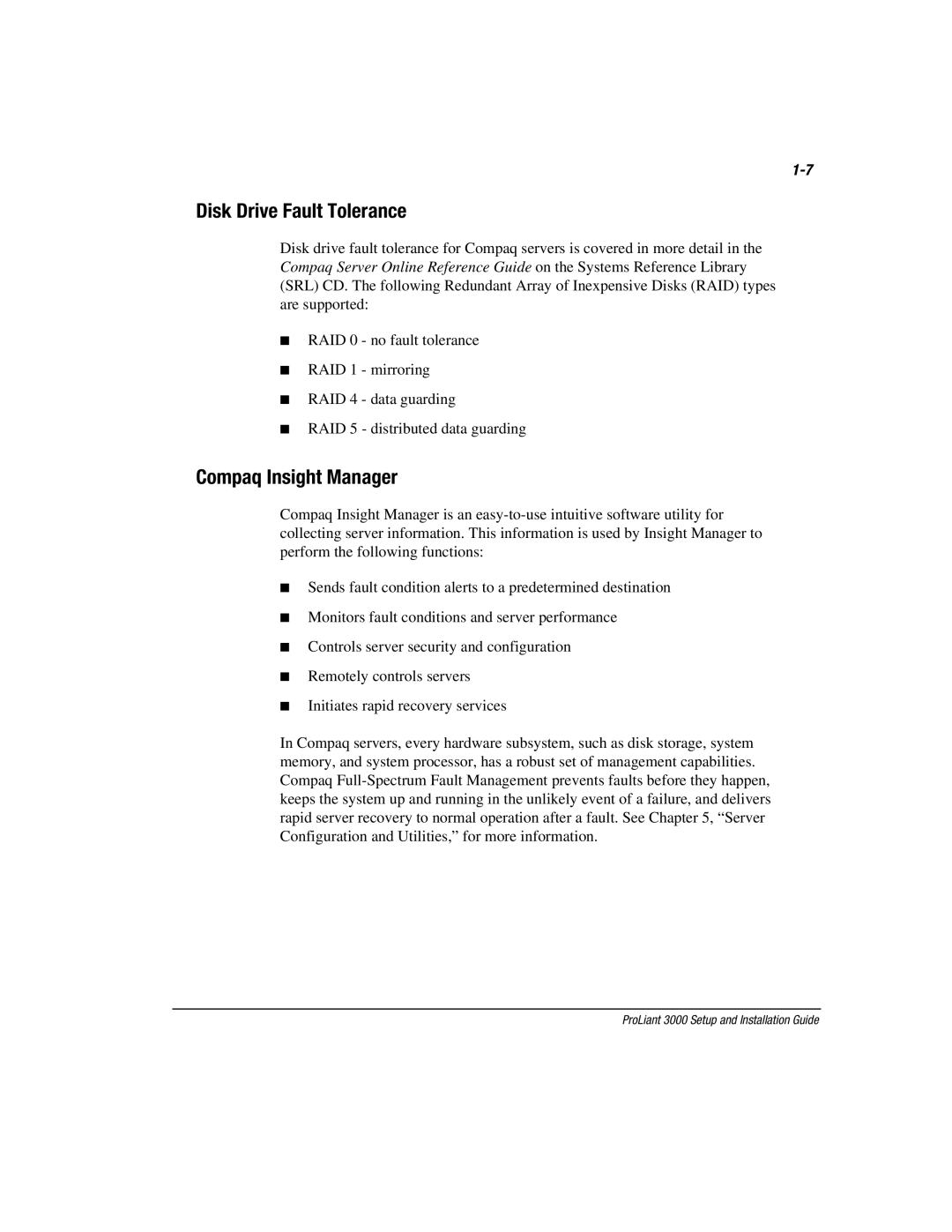 Compaq 3000 manual Disk Drive Fault Tolerance, Compaq Insight Manager 