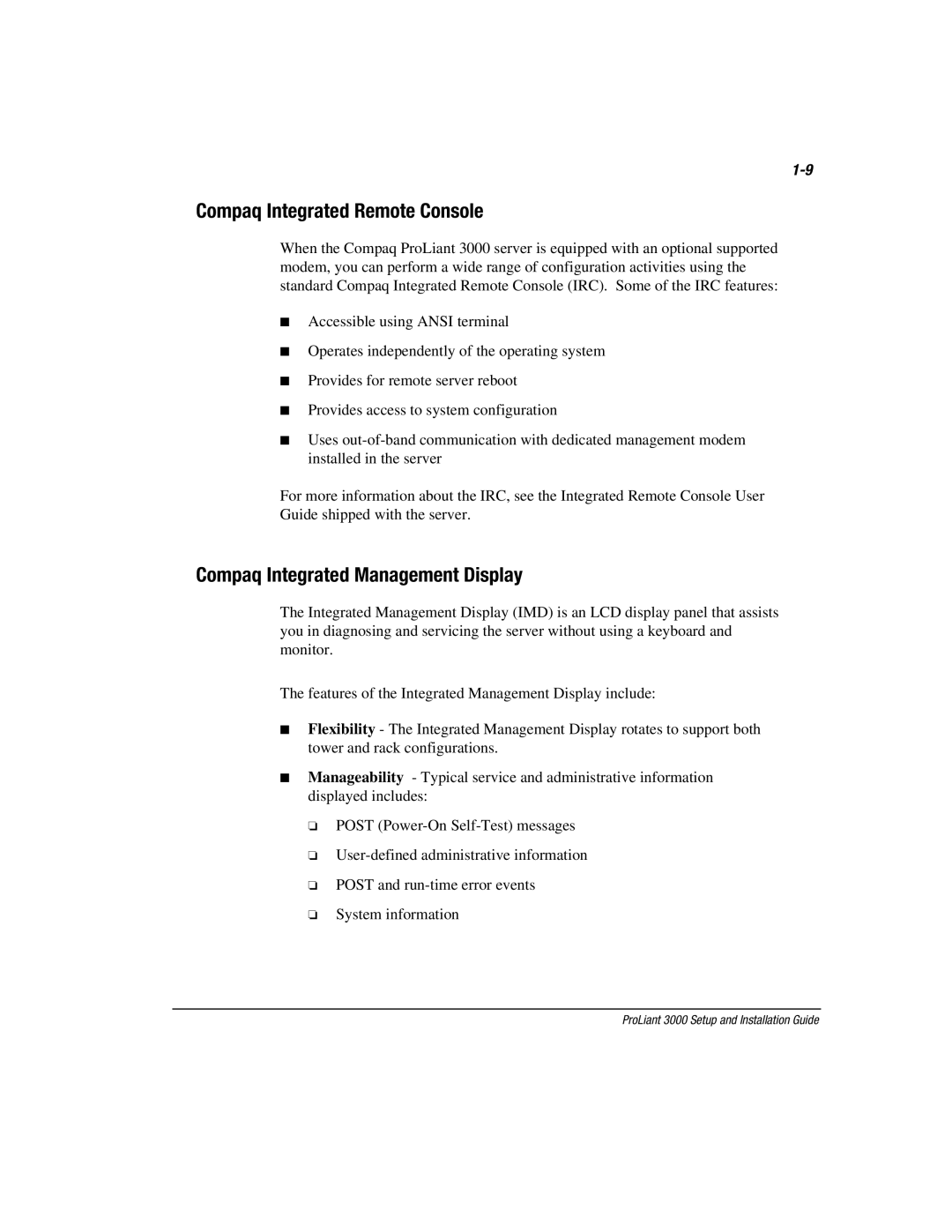 Compaq 3000 manual Compaq Integrated Remote Console, Compaq Integrated Management Display 