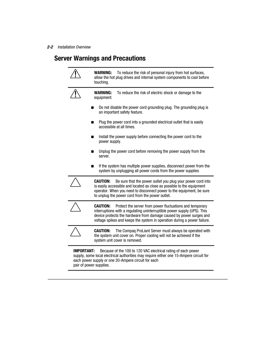 Compaq 3000 manual Server Warnings and Precautions, 2Installation Overview 